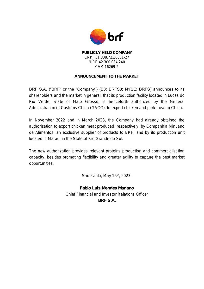 CalixtoCapital's tweet image. #BRFS | BRF SA | Comunicado ao Mercado