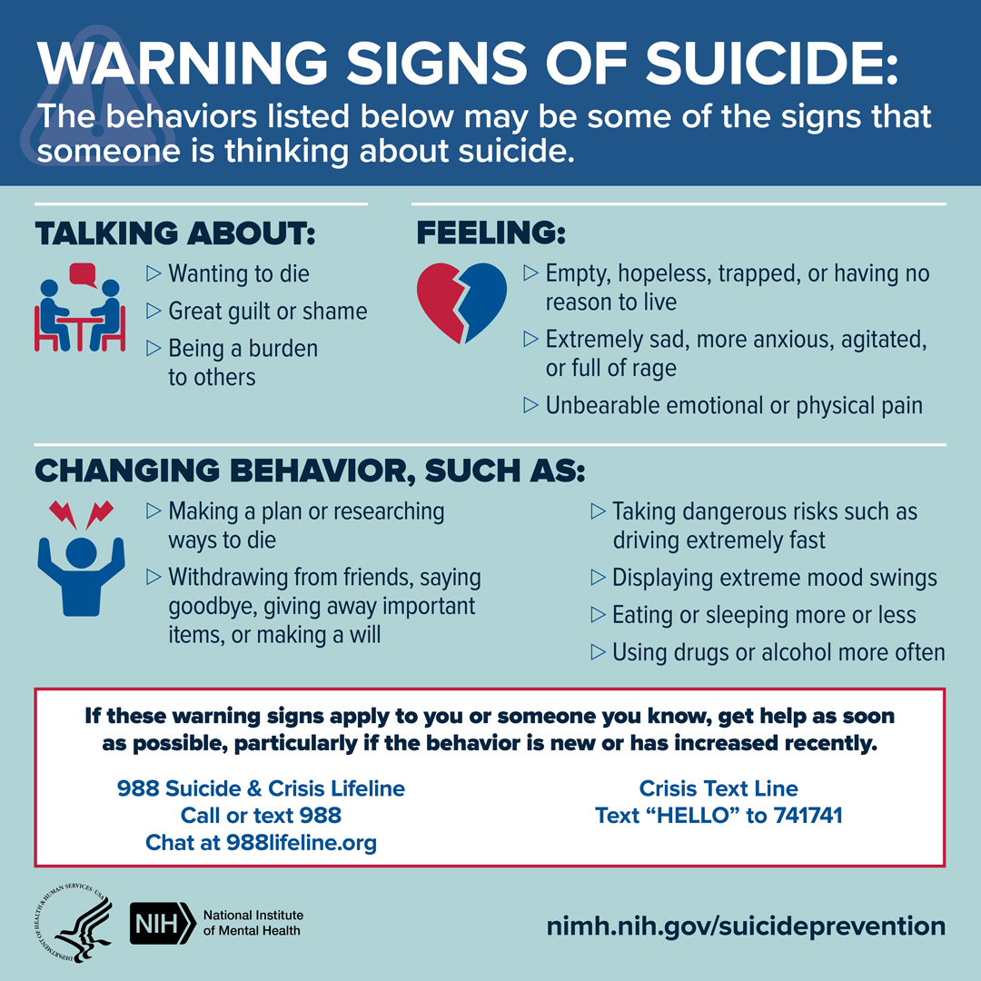 Suicide is complicated and tragic, but it is often preventable. Knowing the warning signs for suicide and how to get help can help save lives. Learn about behaviors that may be a sign that someone is thinking about suicide. #MentalHealthAwarenessMonth nimh.nih.gov/health/publica…