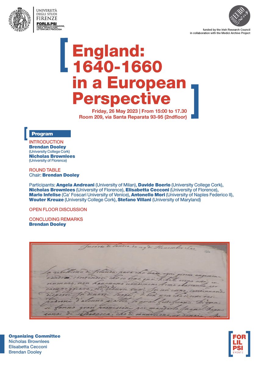 Florence, Friday, May 26. Looking forward to this workshop! #twitterstorians #emdiplomacy #earlymodern #17thC #AngloTuscanRelations