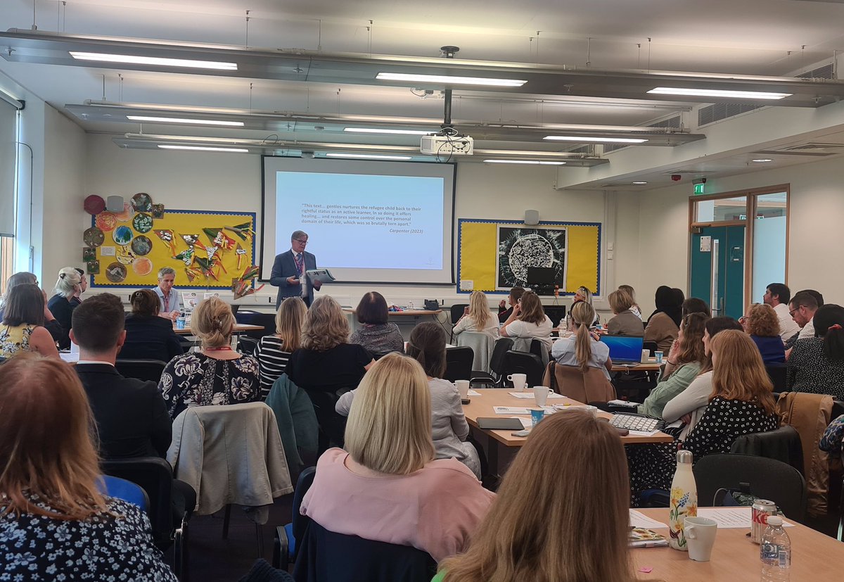 SwissCottageSch's tweet photo. Inspiring powerful messages from @DrTinarae &amp; Prof Barry Carpenter during 'Understanding and Supporting Refugee Children and Young People' conference on the care, compassion, and relationships at the heart of education. 
@EfL_Insights @CamdenLearning https://t.co/L42a55QvUL