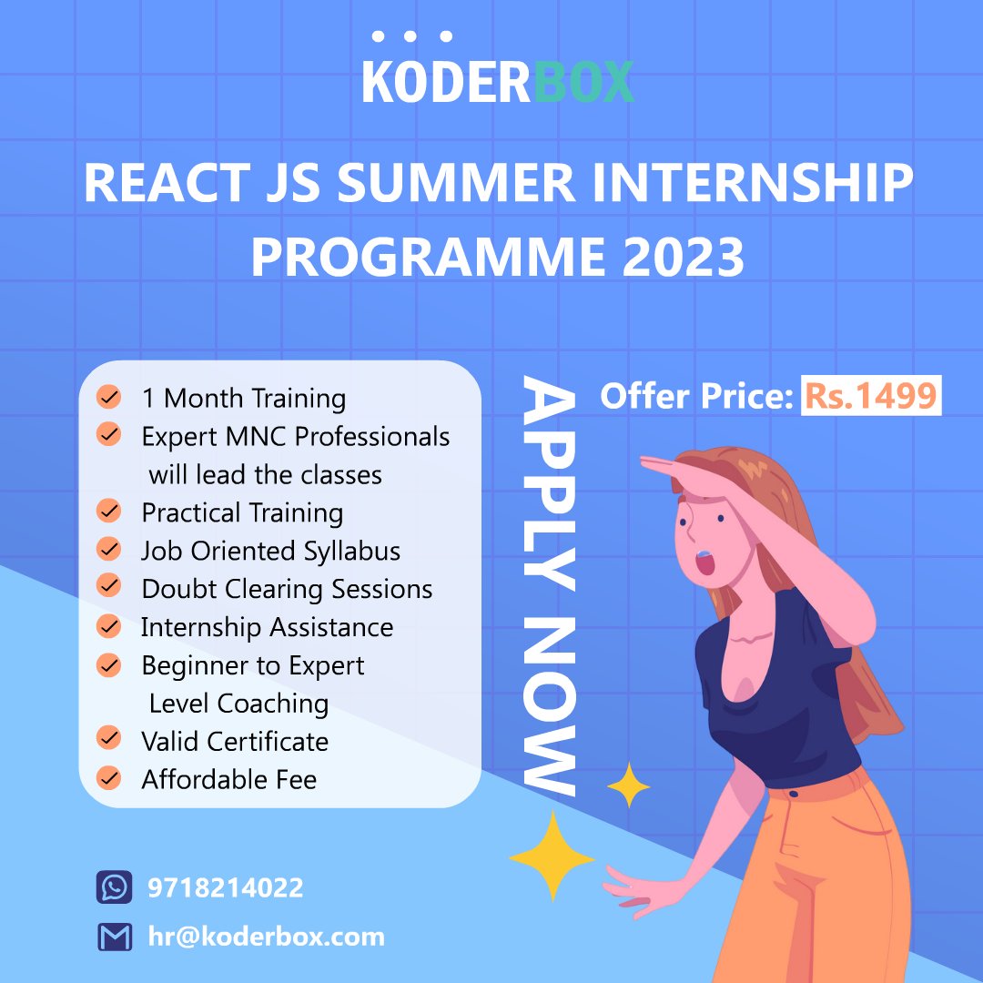 koderbox's tweet photo. REACT JS SUMMER INTERNSHIP PROGRAMME 2023 ⭐

If you want to join the class, click the link below to register.
https://t.co/LvujjXw4B9

#internships #bca #btech #reactjs #reactjsdeveloper #koderboxtechnologies #reactjsdevelopment #javascript  #css #programming #internshipcell https://t.co/zKtUXVb3SY