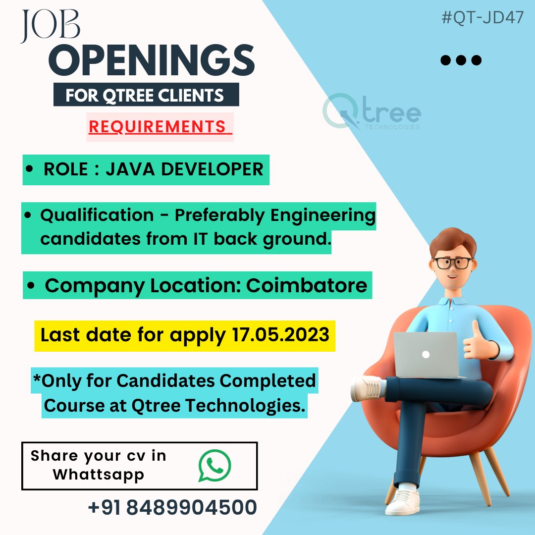 Job Openings For Qtree Clients.

ROLE: Java Developer

Qtree course completed candidates only eligible.

Share Your Resume with HR - 8489904500 or hrqtreetechnologies@gmail.com

#placement #jobopertunity #job #qtreeplacement #qtreejob #hrinterview #hiringnow #hr #softwaredevelope