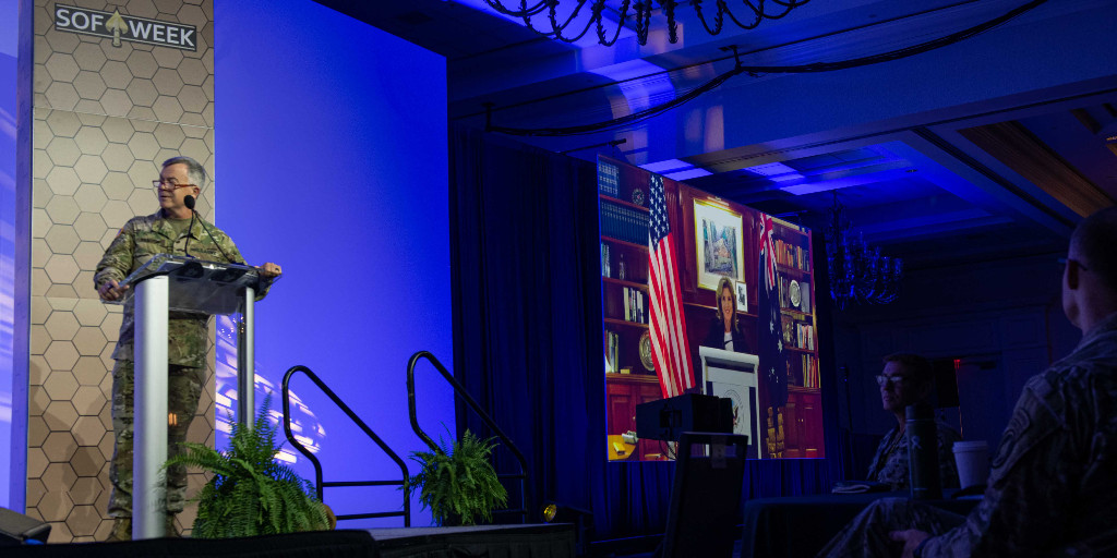 USSOCOM's tweet photo. Amb. Caroline Kennedy, @USEmbAustralia, gave her keynote speech during #SOFweek2023. She highlighted the special connection her family has to #SOF, and that there are more members of the U.S. military based in the Indo-Pacific than any other place outside the U.S. @StateDept https://t.co/UDKU8gNBRp