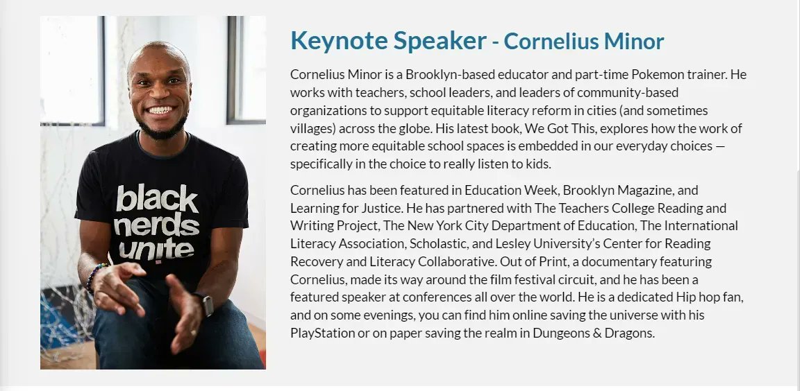 SSeLearn's tweet photo. Keynote Speaker Spotlight: Cornelius Minor
@MisterMinor Works with teachers, school leaders, and leaders of community-based organizations to support equitable literacy reform.
Find out more about the conference here: https://t.co/nCwGksHVIM
#INeLearn #southshore23 #SSeLearn https://t.co/8KSV6CUFiB