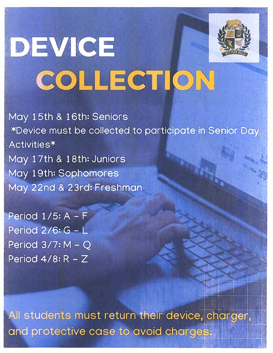 Juniors, make sure you are ready this week on Wednesday. Sophomores will start on Friday. All students must return their device, charging brick, charging cord, and protective case starting next week. All stickers must come off of the cases prior to the device being returned.