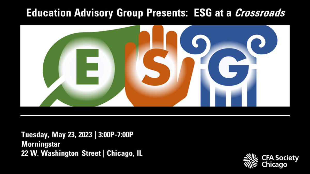 CFA Society Chicago Presents: ESG at a Crossroads! Join us as industry experts discuss the evolving regulatory landscape, politicization of ESG investing, and the latest research on the financial impact of ESG considerations. Register at ow.ly/IrnZ50NPM4w