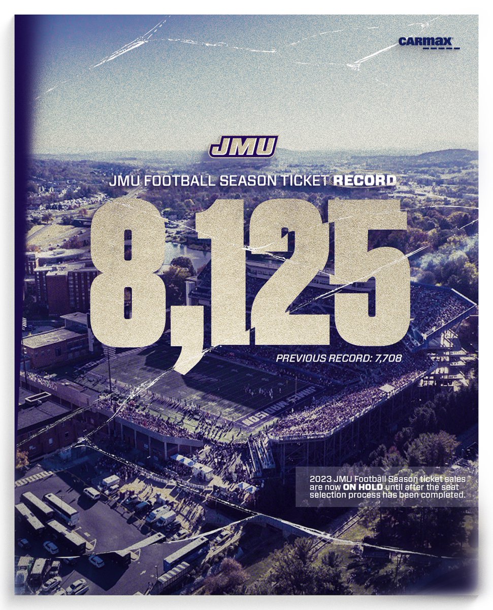 Shattering Records! 📈 After the May 15 priority deadline for 2023 @JMUFootball season tickets we have sold a record 8,125 season tickets! Season ticket sales will now be on hold until after the seat selection process is complete. 📰 | bit.ly/3MyjgU0 #GoDukes