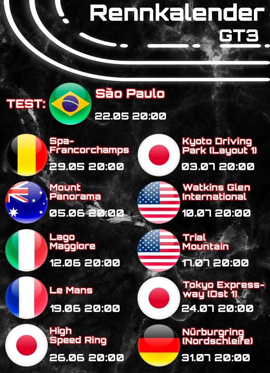 GFRL_F1_Liga's tweet photo. Die GFRL startet demnächst in neuem Terrain mit einer GT3 Liga in Gran Turismo 7!
Und nun steht auch der Rennkalender fest👀🔥

#gt7 #formel1 #LEMANS24 https://t.co/XB5QbCUoun