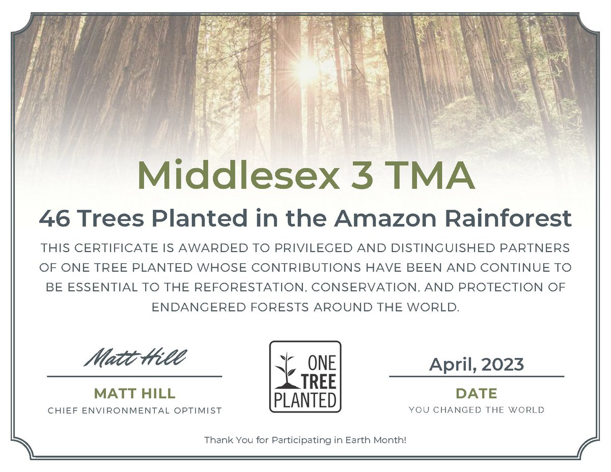 The Middlesex 3 TMA partnered with <a href="/onetreeplanted/">One Tree Planted</a> for our April #EarthMonth Commuter Challenge, and thanks to all who participated from the M3 TMA and Coalition, they were able to plant 46 trees in the Amazon Rainforest! Learn about One Tree Planted at loom.ly/_pmHnK4