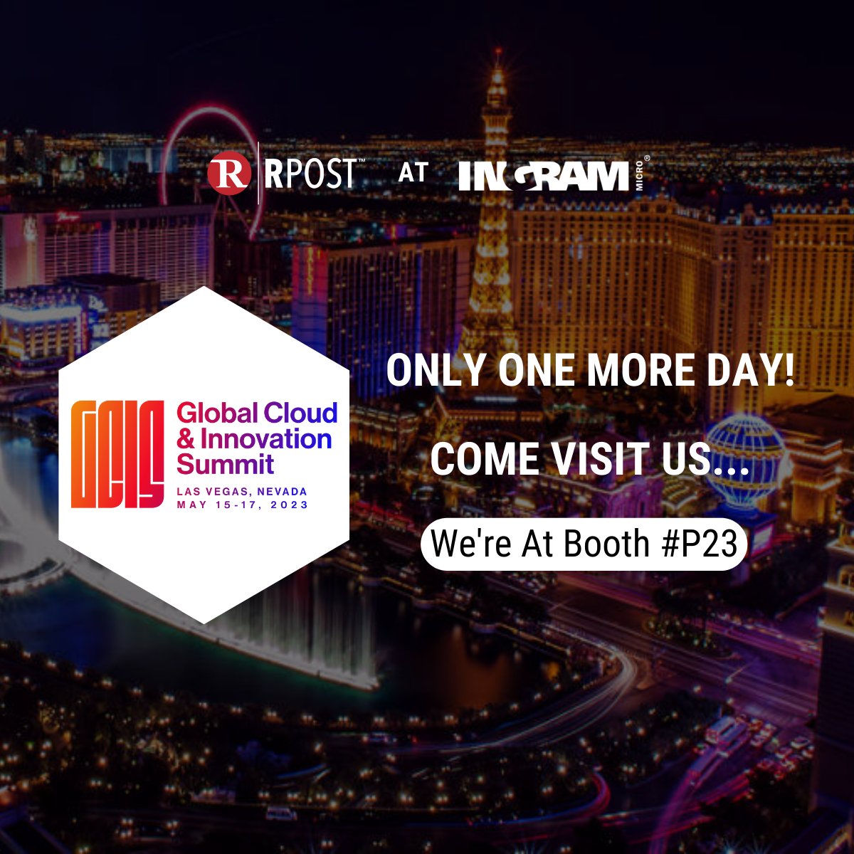 RPost's tweet image. We&apos;re elated to be here at @IngramMicroInc GCIS. With only one more day left, we invite you to meet us at our booth P#23.

#gcis2023 #IMGCIS23 #IngramMicroGCIS23 #IngramMicro #cybersecurity #partner #rtourofregions #lasvegas #nevada #rtourofregionsus #rpost