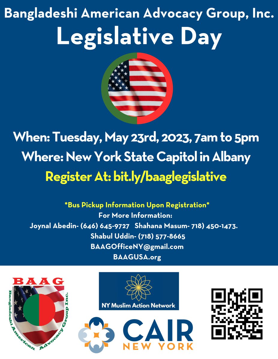 Make your voices heard in the halls of power! Join us for our Advocacy Day on Tuesday May 23rd in Albany to speak to our elected servants on issues of concern. Bus and food provided! Register today via bit.ly/baaglegislative

<a href="/nymuslimaction/">New York Muslim Action Network</a> <a href="/Baag_USA/">Bangladeshi American Advocacy Group</a>