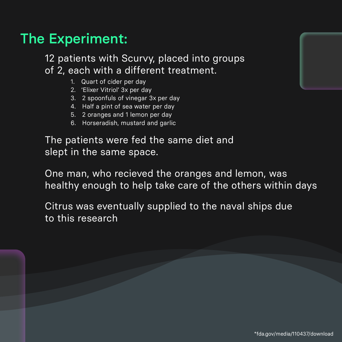fountayntech's tweet photo. In 1747, James Lind M.D. conducted a trial that showed citrus had the best effect in curing Scurvy, but it was 50 years until citrus was made a part of the diets due to expense.

Today, we know Scurvy is caused by a deficiency in Vitamin C &amp; there are < 20k a year in the U.S. https://t.co/1Kh7wYyj1B
