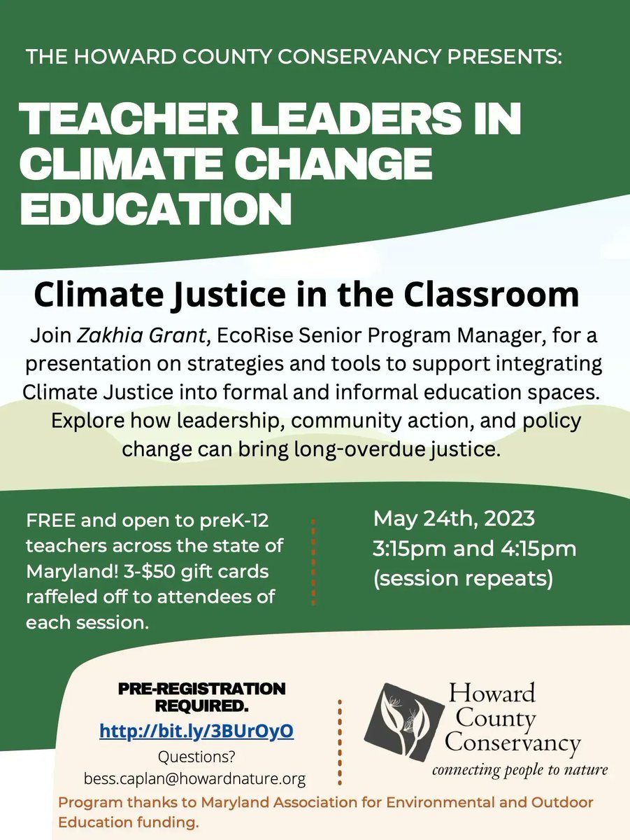 📢Calling all Maryland preK-12 #EcoTeacher's! Join EcoRise Program Manager Zakhia for a @HCConservancy webinar on integrating #ClimateJustice in your classroom. Free for @HCPSS & all MD teachers. RVSP now 👇🏼.Tks @MAEOE_MD for funding this event! #WeRise  buff.ly/42hzEh5