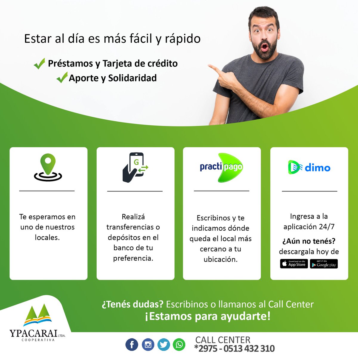 coopypacarai's tweet photo. 📌 Recordá que podes abonar por tus compromisos económicos en:

👉 La sucursal más cercana
👉 Vía depósitos o transferencias bancarias
👉 Bocas de cobranza de #Practipago
👉 App #Dimo

¿Necesitas más información?

📲 Escribinos al whatsapp https://t.co/DC2MuYBXnz https://t.co/1M5L79uAUr