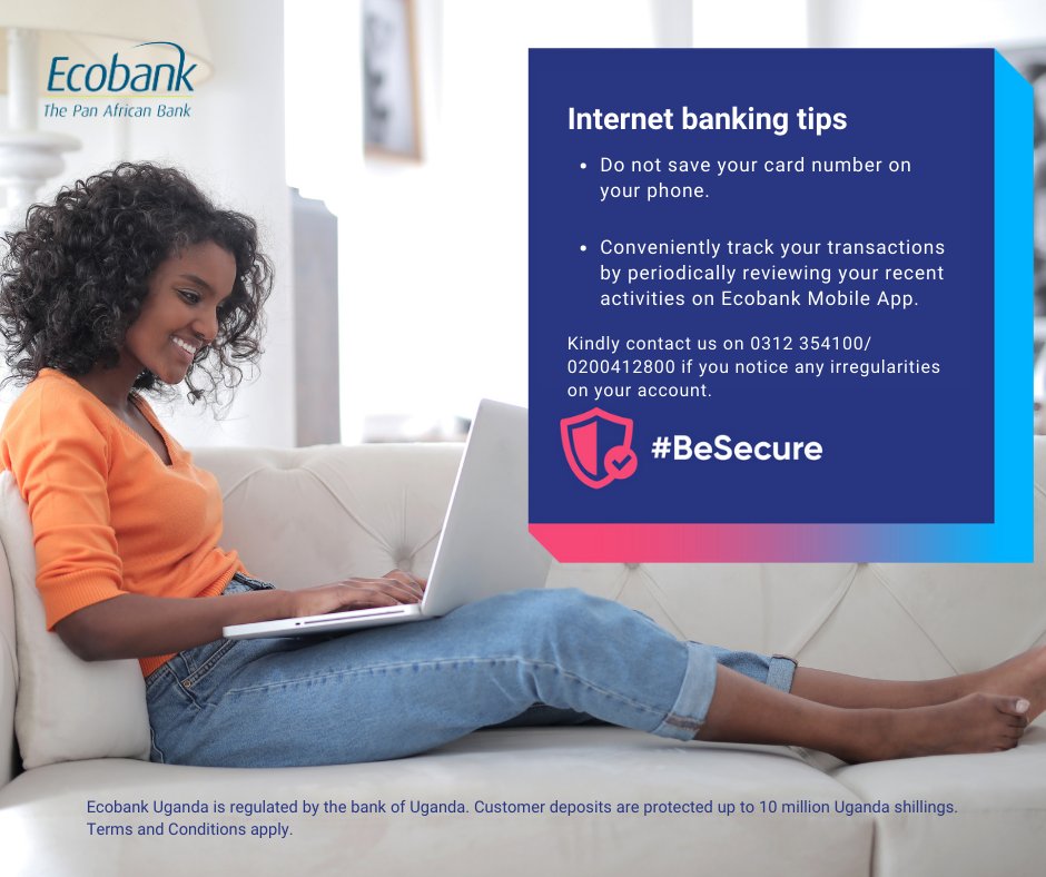 EcobankUganda's tweet image. Internet banking is smart banking and smart banking is secure  banking. Here are some simple ways to enhance your online banking security. Let's make smart banking choices together. 
 #BeSecure
 #MoreSecure