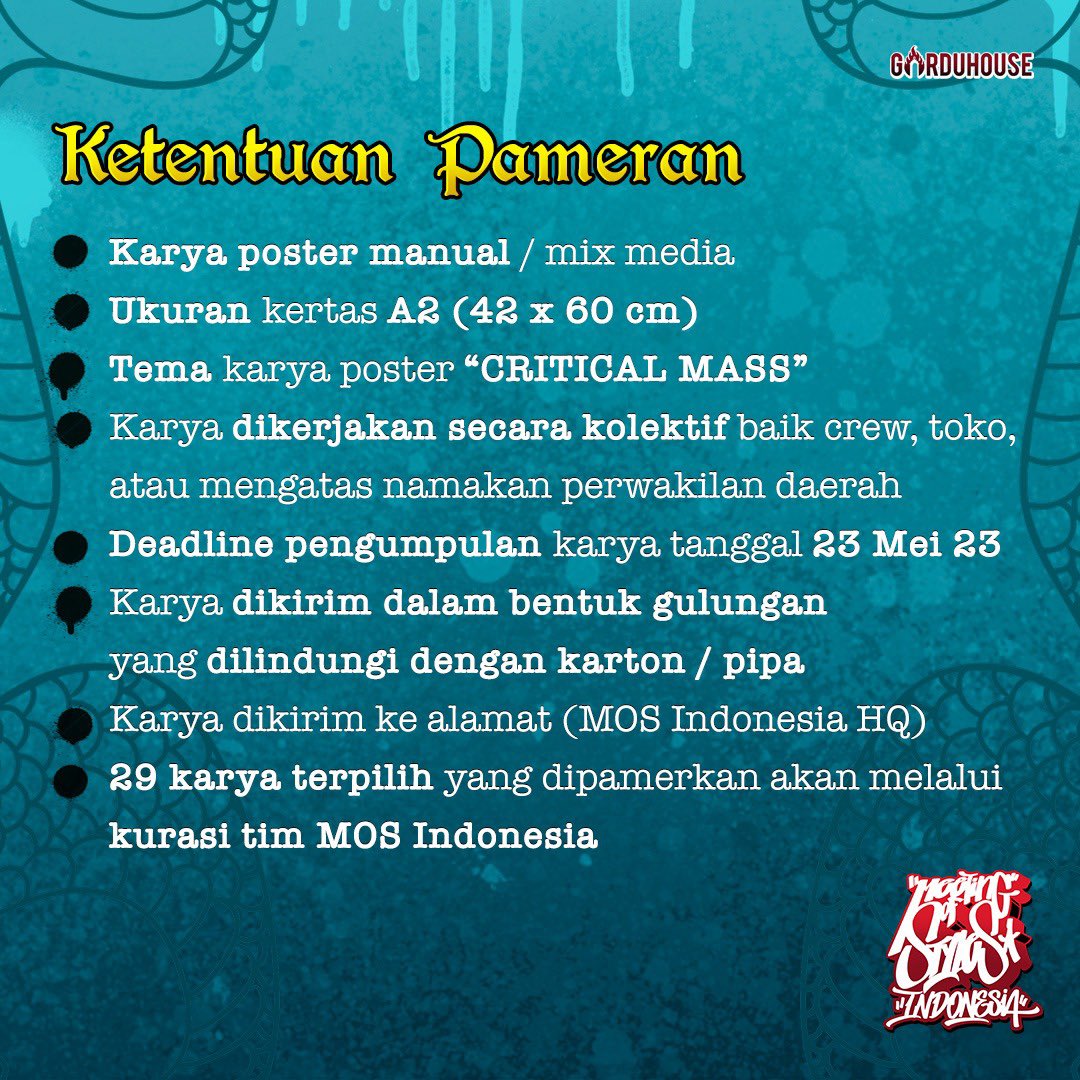 Ayo ikutan!! Berikut ketentuan buat ikutannya:



➡️ Karya poster harus manual atau mix media


➡️ Ukuran kertas karya A2 (42 x 60 cm)


➡️ Tema karya poster “CRITICAL MASS”, di Gardu House ngartiinnya “Gotong Royong”