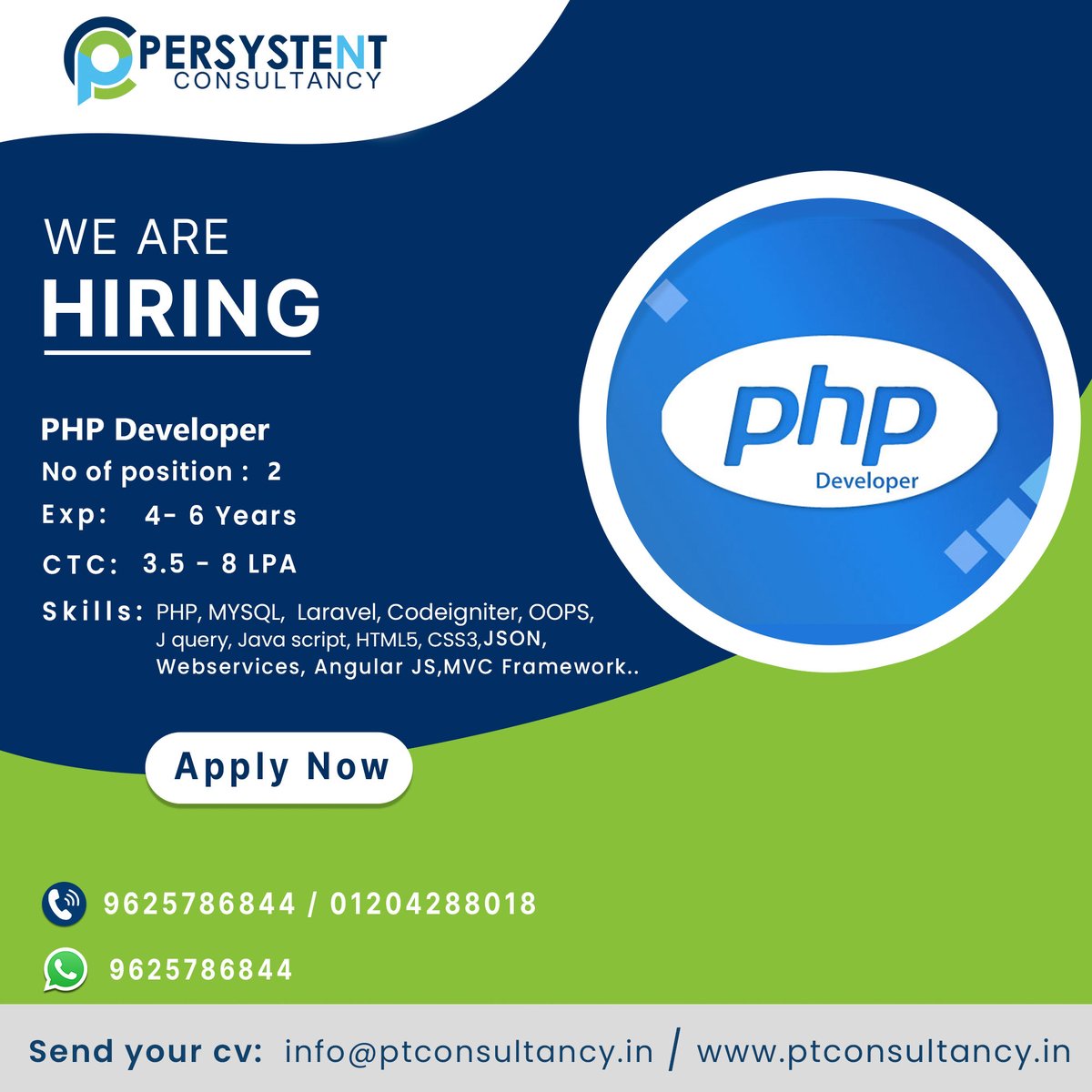ptconsultancy1's tweet image. Hiring PHP Developer
Experience - 4 to 6 Years
Salary - 3.5 to 8 LPA
Apply at link :- bit.ly/we-are-hiring-…
Key Skills:- PHP, MySQL, Laravel, CodeIgniter, OOPs, Webservices, Angular JS, MVC Framework.
Mail id:- ptcon2020@gmail.com
#hiringphpdeveloper #coding #engineer #Career