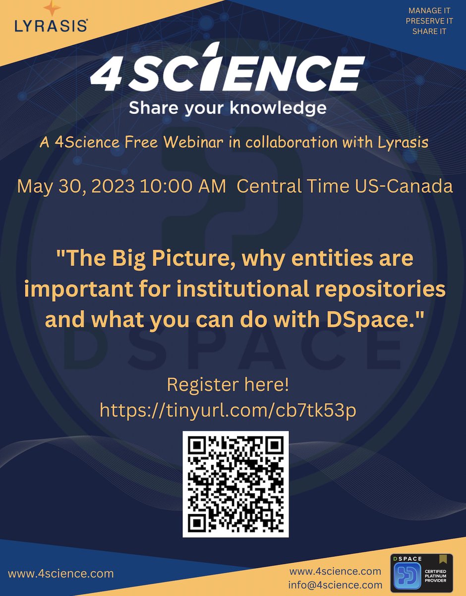 dspacetweets's tweet photo. Join @4Science & @lyrasis on May 30th at 11:00 AM EST to explore the powerful capabilities of entities in #DSpace. This FREE webinar will provide insights into the use of entities in #institutionalrepositories, #repositories & #research. Register today! https://t.co/CvjIYPeyhq https://t.co/YGi5DnNpFN