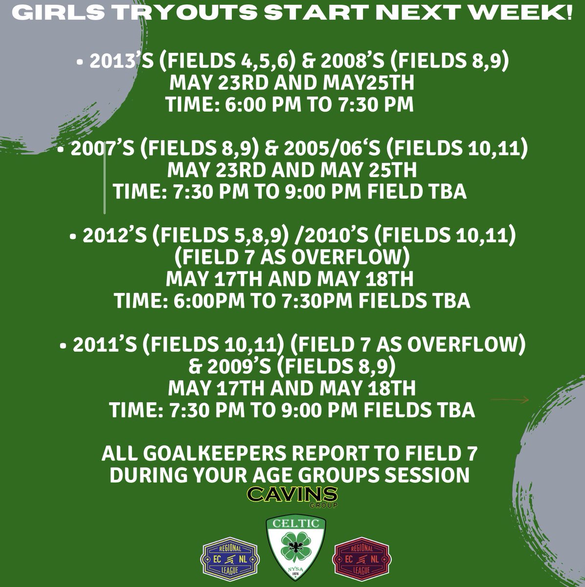 Updated tryout times and dates.