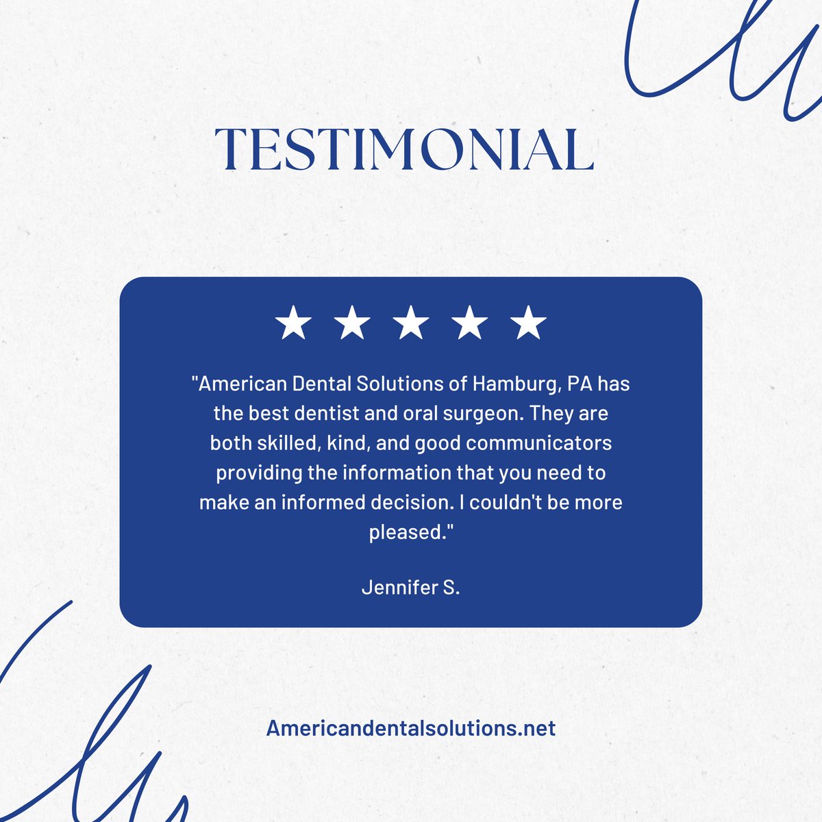 It's #testimonialtuesday 🌟

🗣️ We love to hear feedback from our patients!
.
.
.
.
#americandentalsolutions #peacelovesmile #reviews #testimonal #15locations #dentist #pa