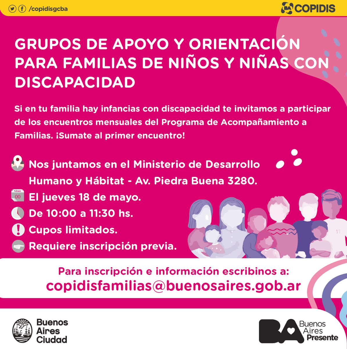 copidisba's tweet photo. 📢| Súmate al próximo encuentro del programa de acompañamiento a familias, será este jueves 18 de mayo
📍Av. Piedra Buena 3280
📅 El jueves 18 de mayo
🕤De 10:00 a 11:30 hs
❗ Cupos limitados
👉inscripción:
https://t.co/t23w0mOuxX
ℹ️ copidisfamilias@buenosaires.gob.ar
#PAFAMI https://t.co/rjWD3Wyxas