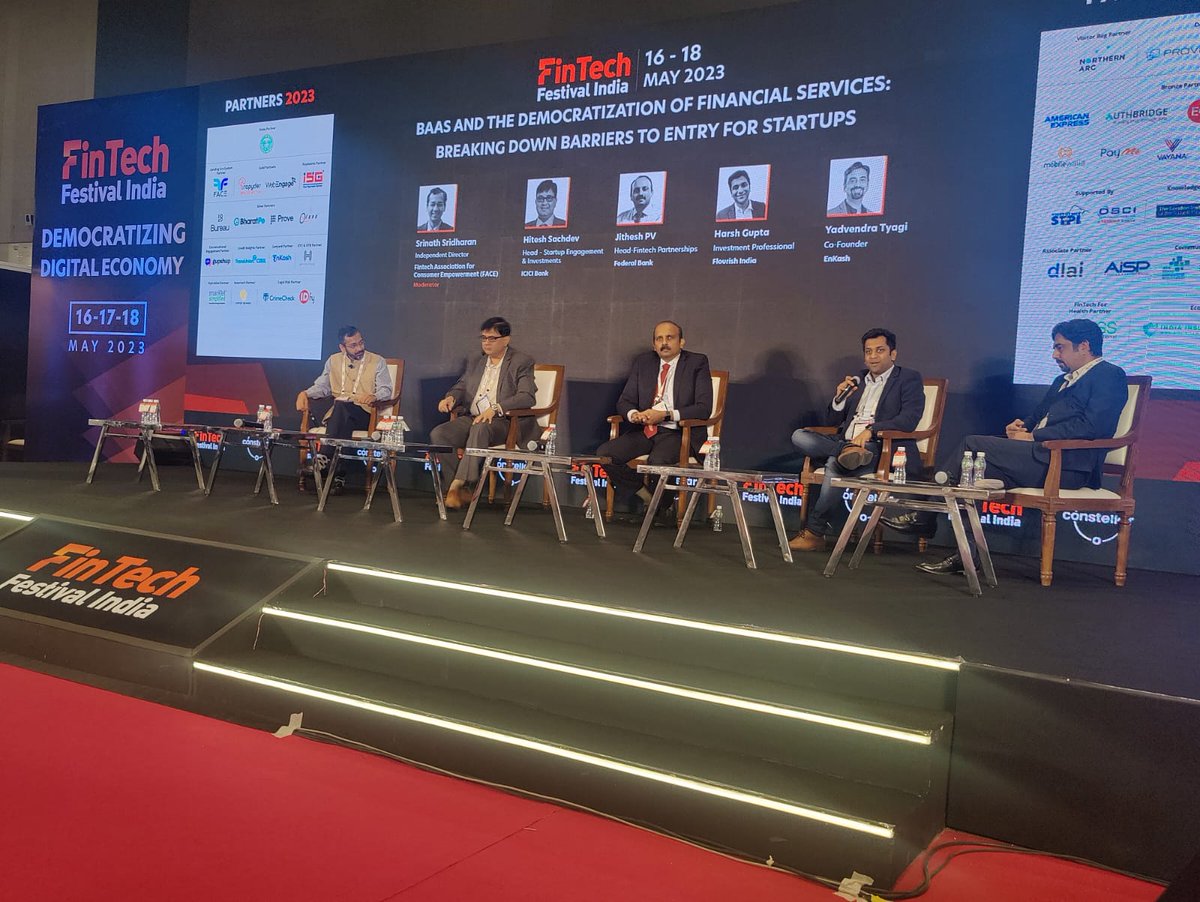 An enlightening session today with Flourish's <a href="/Harsh_Gupta27/">Harsh Gupta</a> and other panelists discussing the role of #BaaS in democratizing financial services and breaking down barriers for startups at #FinTechFestivalIndia2023