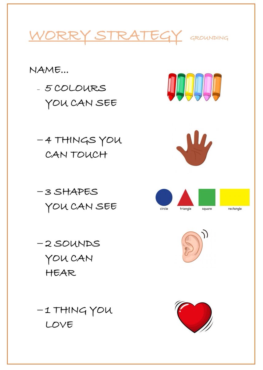 Some children I see find the 5 senses grounding technique difficult to use. Here is an adapted version I created. #mentalhealthawarnessweek #anxiety #groundingtechniques #rivermeadinclusuvetrust #schoolcounselling