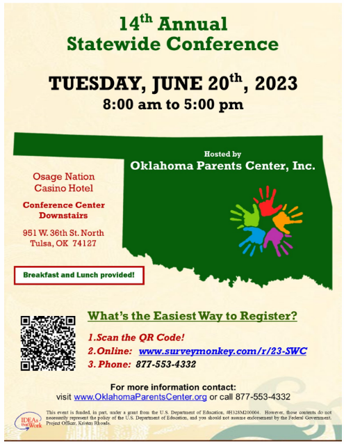 GrnCntryWorks's tweet photo. To Register for the Conference:

Click here to fill out the online form,
Email lcoats@oklahomaparentscenter.org, or
Call 877-553-4332 to request an application be mailed. https://t.co/2j6uFrdOU5