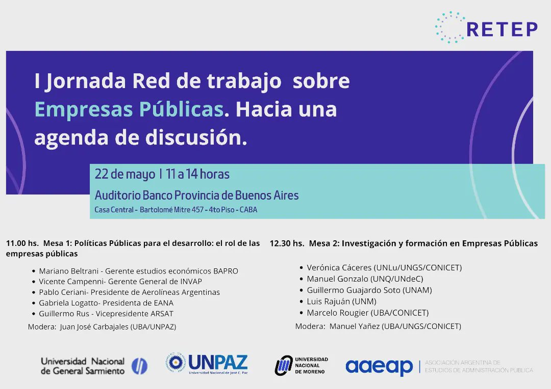 red_retep's tweet photo. 💡📣 📃 Revisá el programa de la I Jornada de la Red de Trabajo en Empresas Públicas! Lunes 22/05, desde las 11 hs. Evento presencial, abierto y gratuito, con transmisión por Youtube.
Registrate en el link y recibí más info: https://t.co/ZOsGX13TOk…
#empresaspublicas https://t.co/ighuOmeRWH