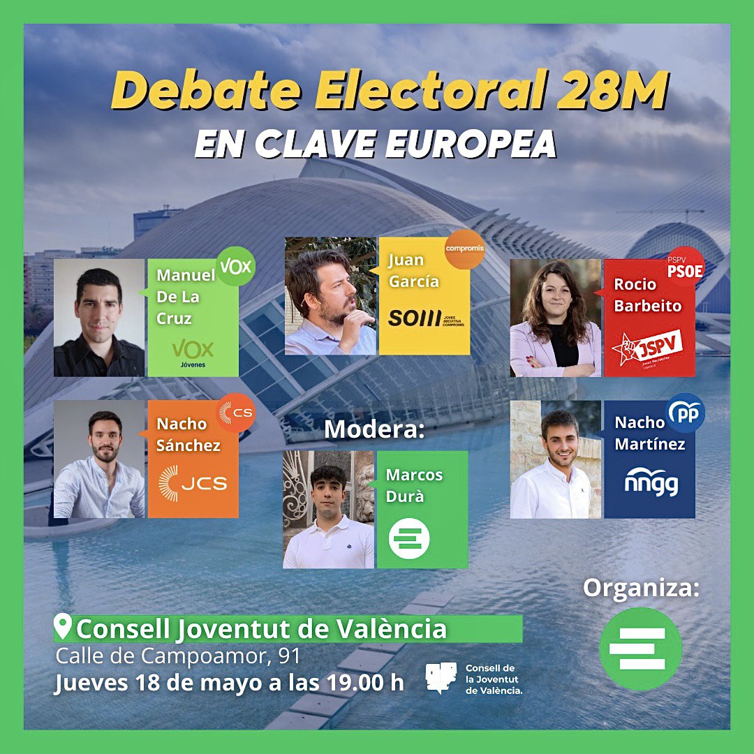 En colaboración con @cjvlc hemos organizado el jueves 18 de Mayo a las 19:00: ¡un debate electoral en clave europea! 🇪🇺