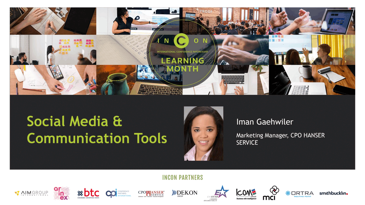 INCONGroup's tweet photo. Join us tomorrow 14.00-14.40 CET for our final  learning session on Social Media &amp; Communication Tools for Events, led by Iman Gaehwiler, Marketing Manager from our partner @CPO_HANSER 
https://t.co/fpeKmLDqQj. All friends of INCON welcome. #INCONlearning #inconexcellence https://t.co/fldczSHN6i