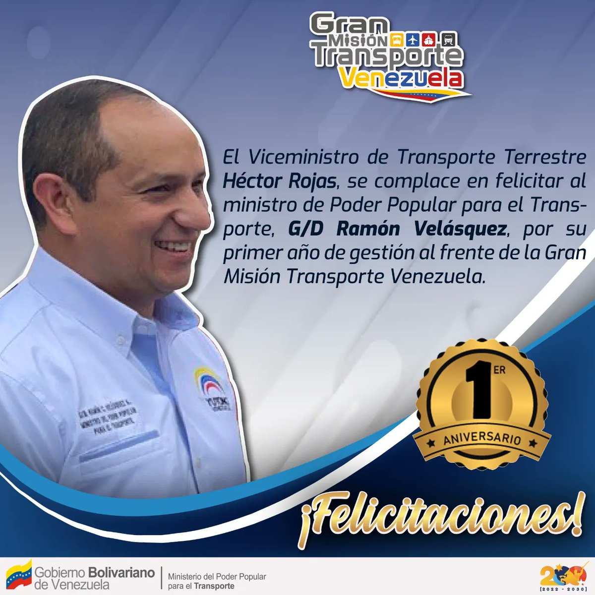 Este #16May tengo el agrado de felicitar al Ministro de Transporte, @rvaraguayan, en su primer año de gestión liderando la #GMTV. Hombre patriota y visionario dedicado en avanzar hacia la Venezuela Potencia en materia del transporte multimodal 🚌🚉⛴️✈️🇻🇪
#PasajeDigital
