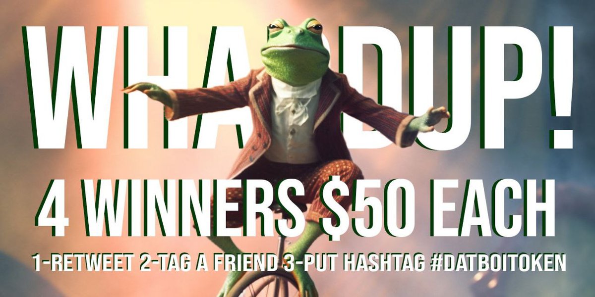 💰💎 Retweet,  tag a friend, and include #DatBoiToken for a chance to win $50 in crypto! 💎💰
4 lucky winners will be chosen! Let's Roll, #datboi #datboivspepe #pepe