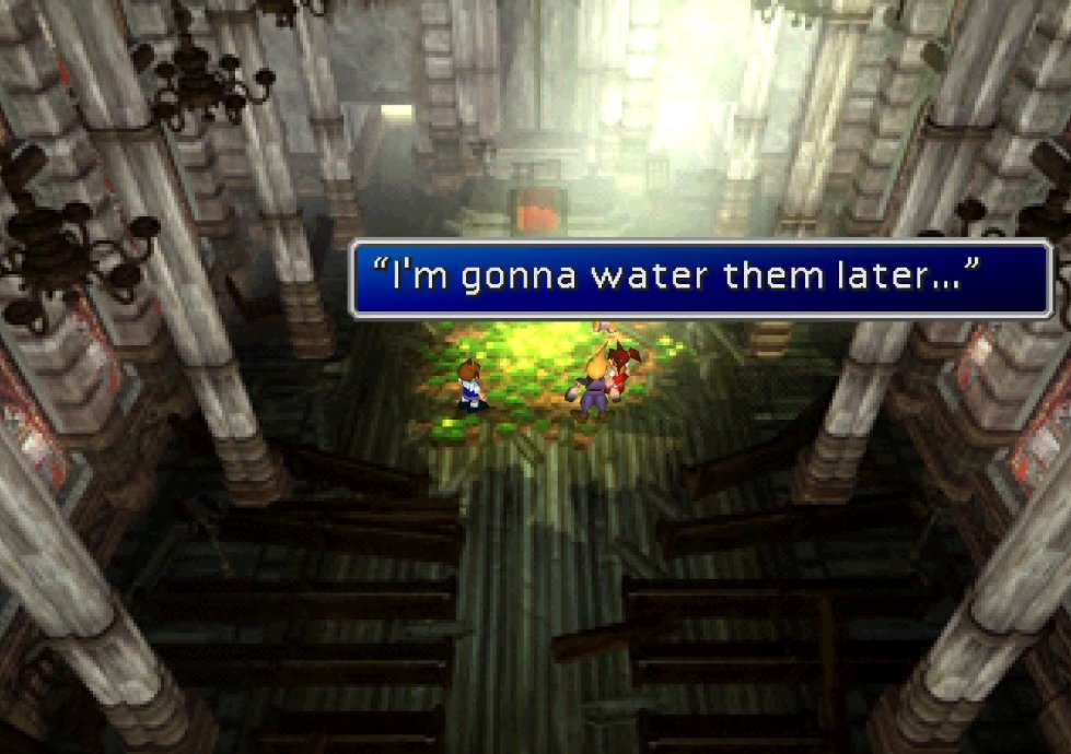 FF7_Trivia's tweet photo. "Aeris's Ghost" is an event where Cloud sees #Aerith tending flowers in her church after her death, but she disappears before he can approach her.

Strangely, the little girl has unique dialogue that only occurs if Aeris is still on-screen - which she can't be, without cheating. https://t.co/hfMvKAL4M8