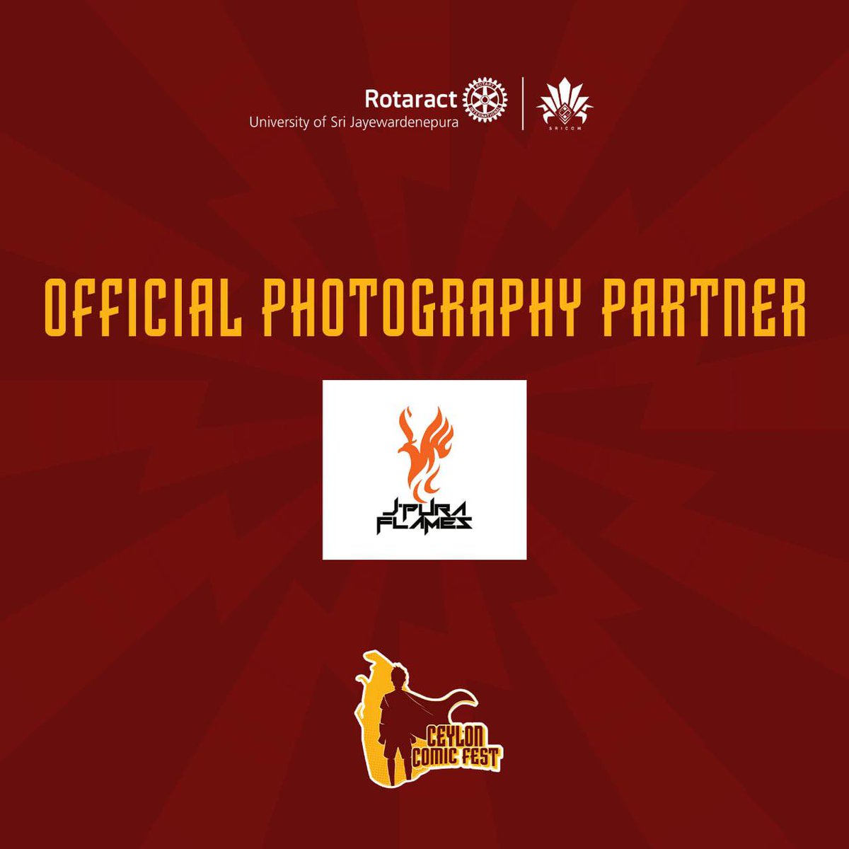 rotaractusjp's tweet photo. With great pleasure we announce 'J'pura Flames' as the " Official Photography Partner" for the project Ceylon Comic Fest, organized by RACUSJ in partnership with Sri COM.
#CeylonComicFest #RACUSJ #SriCOM #Innovatelk #Rotaract #Rotaract3220 #ImagineRotary #LearnServeAndStrive https://t.co/QvLTlHaQQD