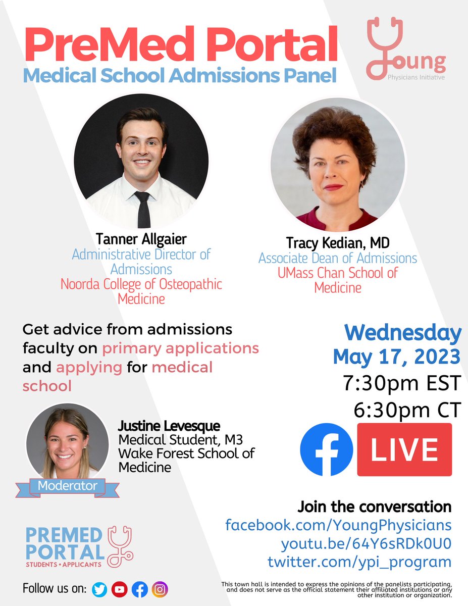 Meet ADMISSIONS DEANS for advice on this year’s med school application cycle! Join the Young Physicians Initiative livestream May 17 @ 7:30 ET to watch live and submit  questions.
- Noorda College of Osteopathic Medicine
- UMass Chan School of Medicine
buff.ly/3M8tngK