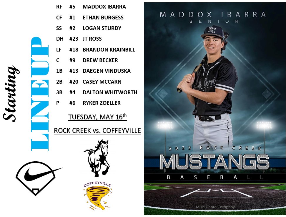 RockCreekBsbl's tweet photo. IT'S GAMEDAY!!! The Mustangs host 4A Regionals today. First game between #8 seed Wamego and #9 seed Tonganoxie will begin at 2:00 pm. The Mustangs take on Coffeyville Field Kindley 30 minutes after the first game. Come out and support the Mustangs! https://t.co/0HxTzeRZOu