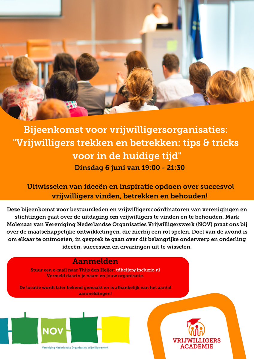 #Vrijwilligers | Dagelijks zetten talloze vrijwilligers zich in voor een ander. Maar hoe vindt je vrijwilligers en zorg je ervoor dat ze betrokken blijven bij jouw organisatie?

Op 6 juni is een bijeenkomst met tips &amp; tricks. Meedoen? Mail Thijs den Heijer: tdheijer@incluzio.nl.