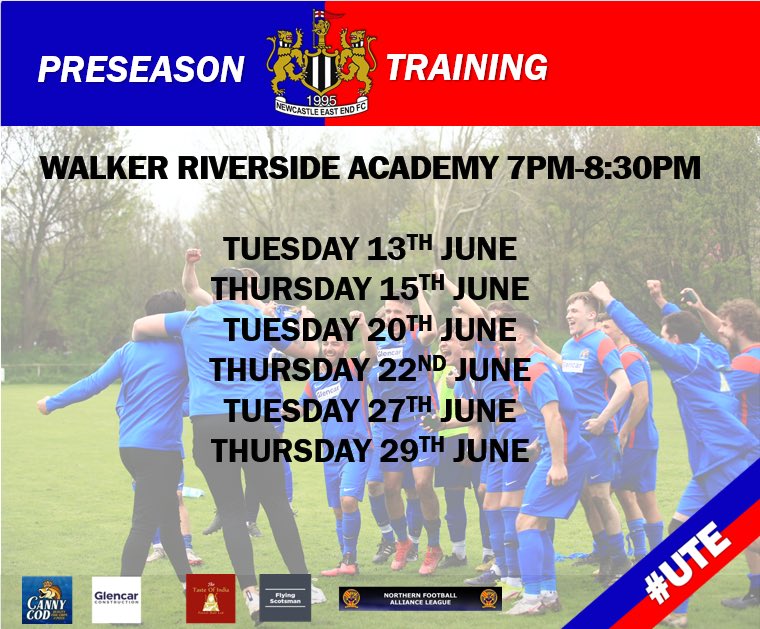 Newcastle East End Seniors (@neesfc) on Twitter photo Weโre always on the look for new players to improve our squad and bring competition for places next season. We will be holding open preseason training sessions in June at Walker Riverside Academy, NE6 4AW. <a href="/NEEFC/">Newcastle East End FC</a> <a href="/Neefcladies96/">NEEFC Girls</a>
Must be aged 16 and over
DM for info
#UTE Weโre always on the look for new players to improve our squad and bring competition for places next season. We will be holding open preseason training sessions in June at Walker Riverside Academy, NE6 4AW. <a href="/NEEFC/">Newcastle East End FC</a> <a href="/Neefcladies96/">NEEFC Girls</a>
Must be aged 16 and over
DM for info
#UTE