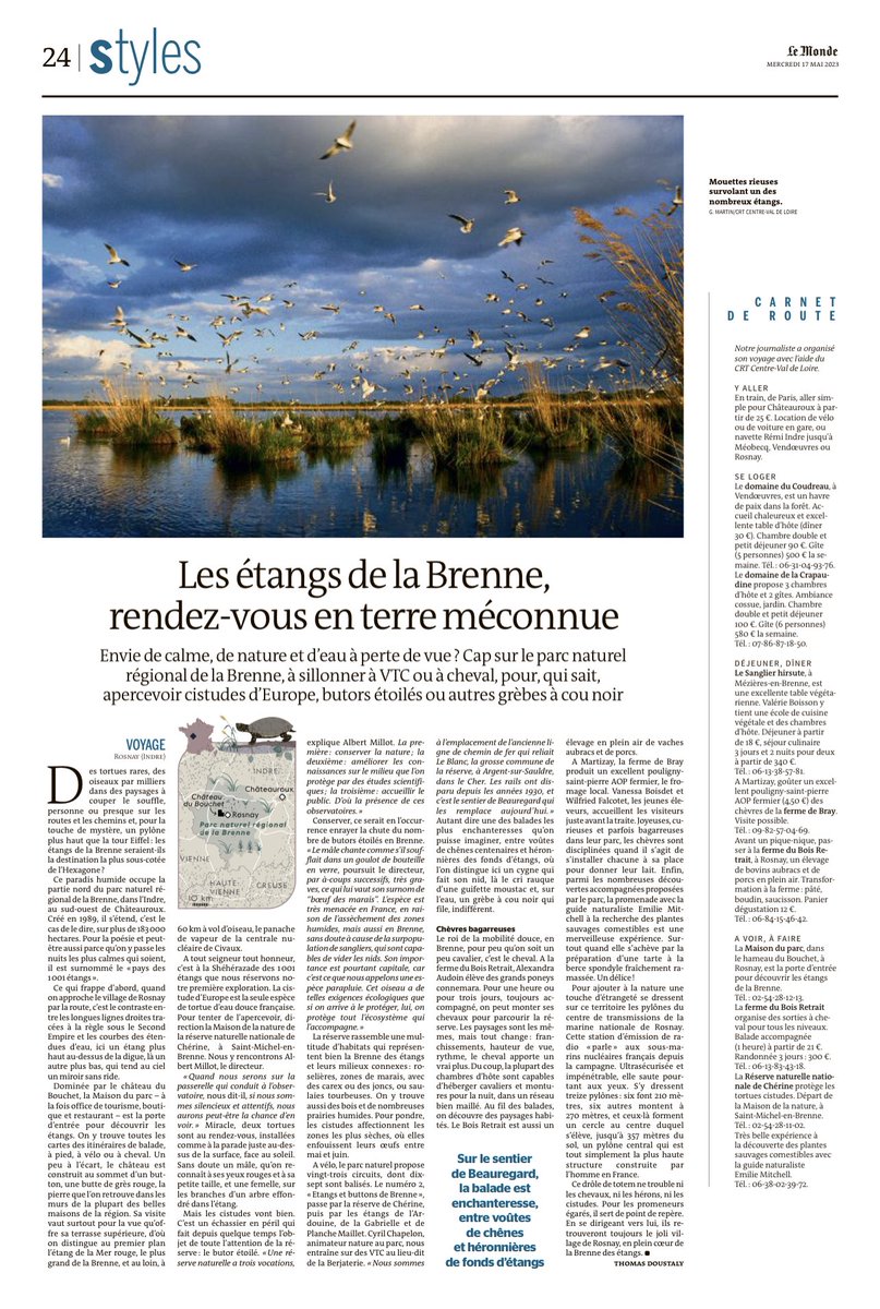 Thomas Doustaly (@thomasdoustaly) on Twitter photo Dans Le Monde en kiosque aujourd’hui à Paris (daté du 17 mai 2023) : des balades dans les étangs la Brenne. #voyage #brenne #voyageenfrance #oiseaux #velo #rando #acheval #randoacheval #nature #naturelover <a href="/FluxusComm/">Fluxus Communication</a> <a href="/LoireValleyPR/">Loire Valley Tourism / CRT Centre-Val de Loire</a> <a href="/lemondefr/">Le Monde</a> Dans Le Monde en kiosque aujourd’hui à Paris (daté du 17 mai 2023) : des balades dans les étangs la Brenne. #voyage #brenne #voyageenfrance #oiseaux #velo #rando #acheval #randoacheval #nature #naturelover <a href="/FluxusComm/">Fluxus Communication</a> <a href="/LoireValleyPR/">Loire Valley Tourism / CRT Centre-Val de Loire</a> <a href="/lemondefr/">Le Monde</a>