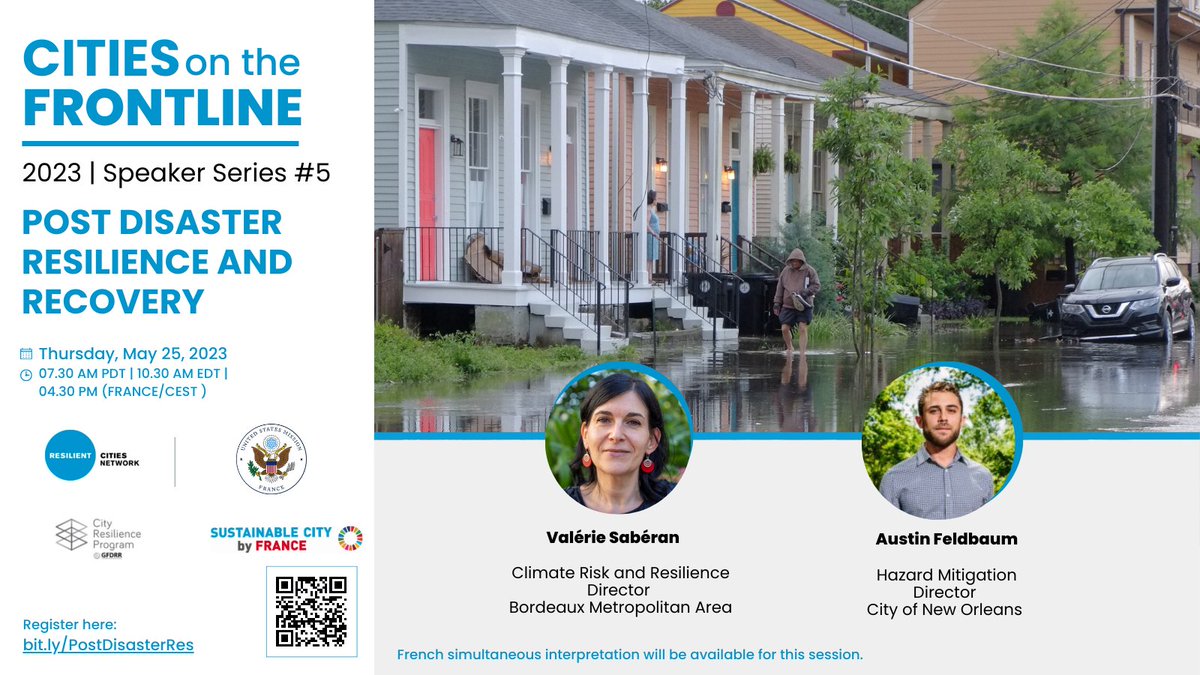 RCitiesNetwork's tweet photo. Effective post-disaster recovery can help cities set the path for a safer, resilient & sustainable future.
Next on #CitiesonTheFrontline, we’re bringing together @BxMetro & @CityOfNOLA to learn more about their experience facing extreme shocks.
Register🔗https://t.co/Q2GZSr8cbb https://t.co/4zjKGIOLtf