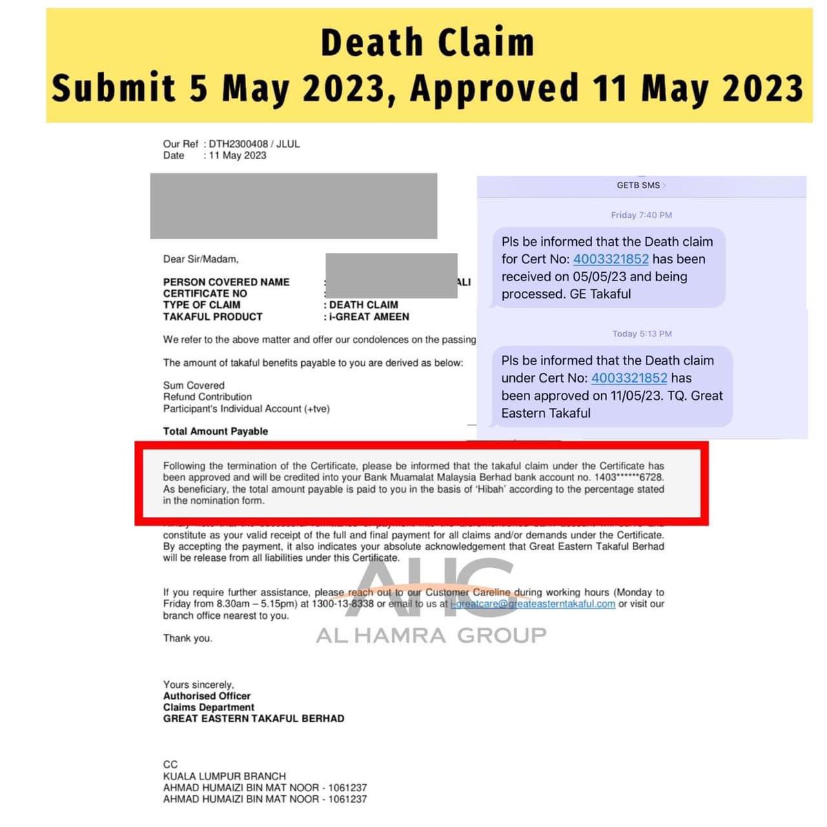 syerotsyira's tweet image. Tuntutan hibah takaful diluluskan dalam masa 6 hari sahaja. Alhamdulillah. Syukur dapat bantu sedikit sebanyak waris teruskan kelangsungan hidup. Instant money ni juga yg digunakan utk menampung kos cairkan asset2 yg lain. #insurans #takaful #getb