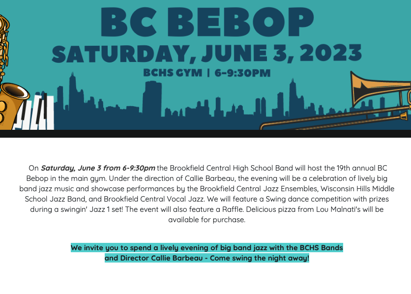 Save the date for the 19th annual BC Bebop! Buy tickets here: e.givesmart.com/events/vNC/