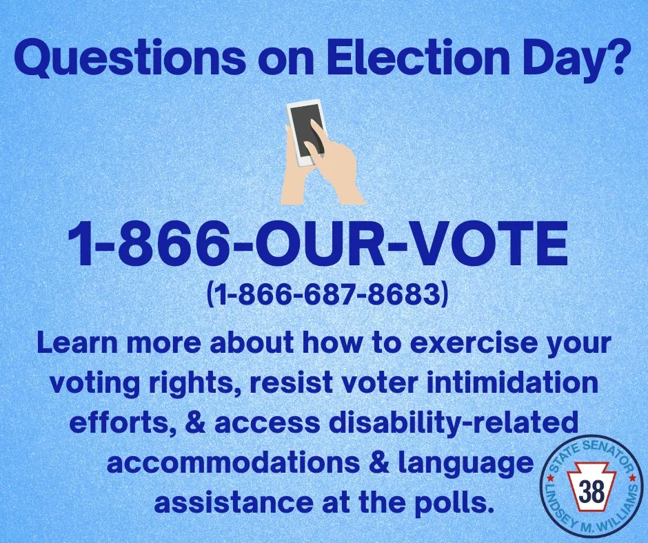 Today is Election Day! 🗳️
✔️Polls will be open from 7am-8pm
✔️If the polls close while you’re still in line, stay in line – you have the right to vote!
✔️If you run into any issues at the polls, call the non-partisan Election Protection Hotline: 1-866-OUR-VOTE / 1-866-687-8683