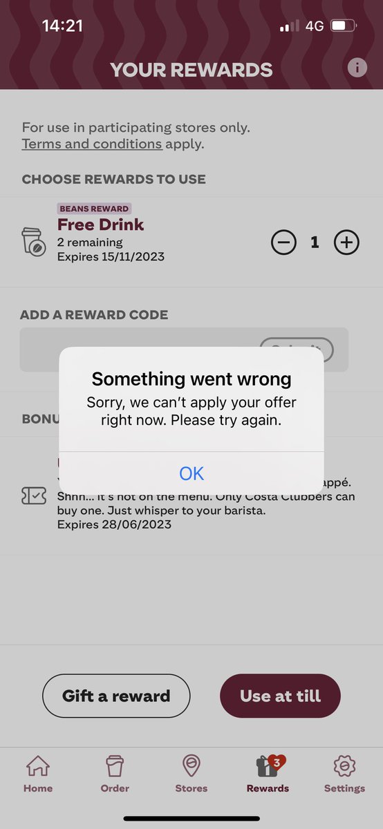 ldthompson92's tweet photo. @CostaCoffee my earlier post seems to of been deleted. I asked if the app will be updated soon as I’ve had this for 2 days now &amp; want to claim my rewards please!!! https://t.co/c9TCBnQkTX