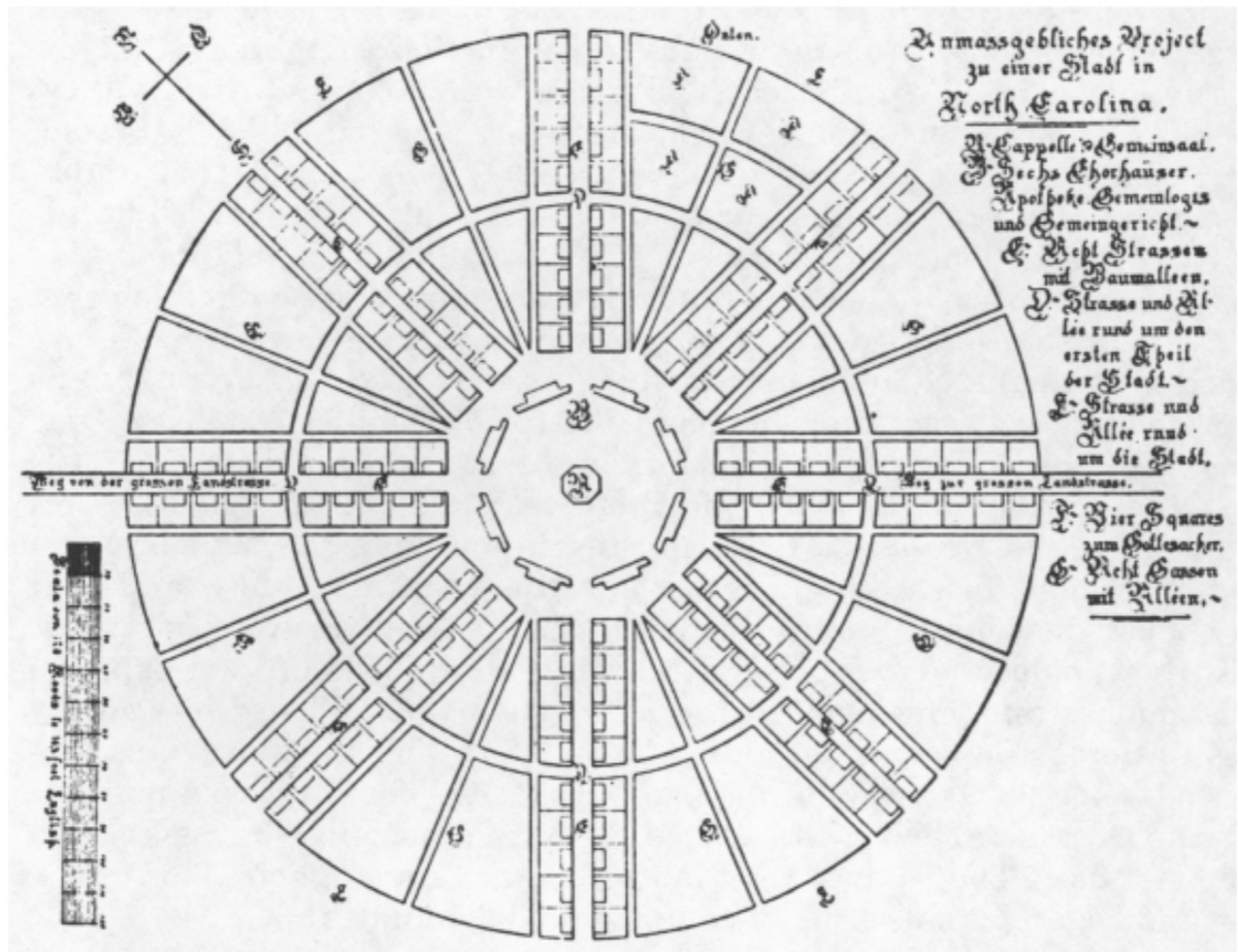 Who doesn't love a symmetrical city? Reminds us of Count Ludwig von Zinzendorf's circular plan for the Moravian settlement of Salem, NC that never came to fruition. Drafted by 1755, the plan intended to promote equality, good public health, isolation, and church supremacy