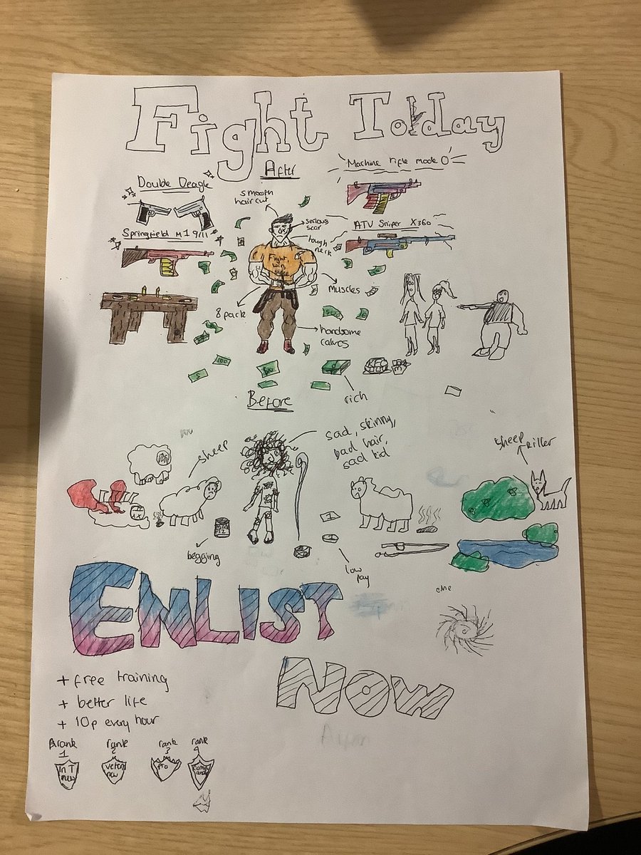 HarborneAcademy's tweet photo. Some fantastic WW1 recruitment posters designed by some of our year 7s in English Plus. 
#worldwar1 #englishplus #posters #recruitment https://t.co/S8JqVUwPd0