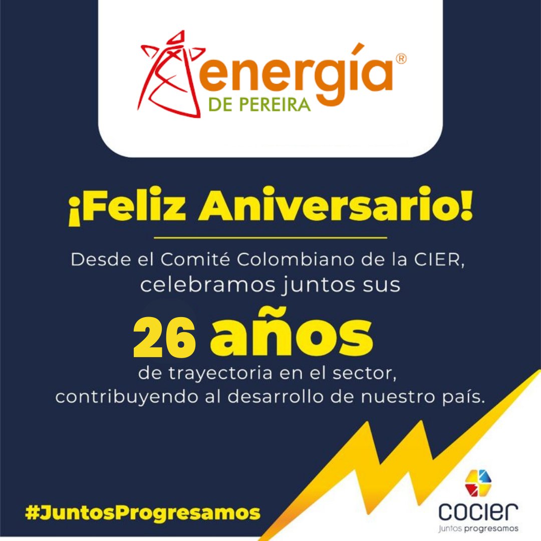 COCIER_'s tweet image. #FelizAniversario | Hoy nos unimos a la celebración de nuestro miembro, @EnergiaPereira quienes cumplen 26 años cargados de experiencia y conocimiento en el sector 

¡Gracias por confiar en nosotros! ⚡

#JuntosProgresamos