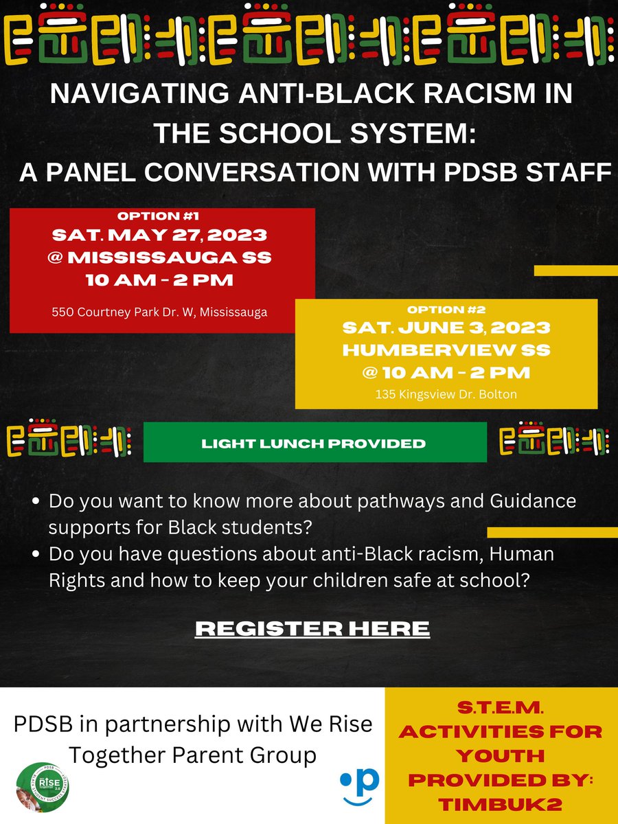 Inviting all Black, Afro-Caribbean and Black-African families to Black Healing mental health virtual info session May 30 forms.gle/Q6pFjpFmCctsXk… and Navigating Anti-Black Racism in the School System May 27 or June 3 forms.gle/rE8S2kf7NGpFVZ…