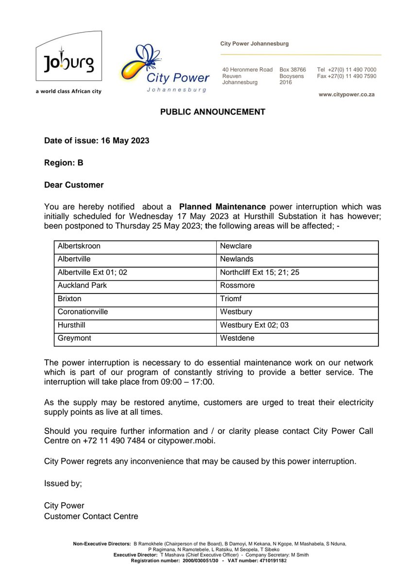 CityPowerJhb's tweet photo. #JoburgUpdates #JoburgServices #Hursthill #PlannedMaintenance
#RegionB
Planned maintenance which was scheduled for Wednesday 17th of May 2023 has been postponed to Thursday the 25th of May 2023 from 09:00 until 17:00.^GR https://t.co/gDmcC20I5o